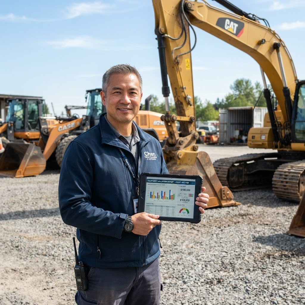 Business owner reviewing a free equipment valuation report on a tablet beside heavy equipment