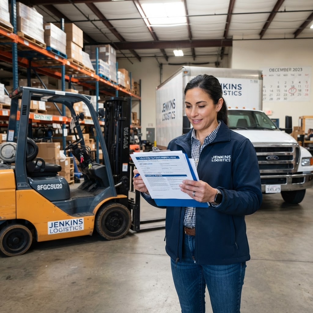 Business owner reviewing equipment tax deduction documents beside newly financed equipment